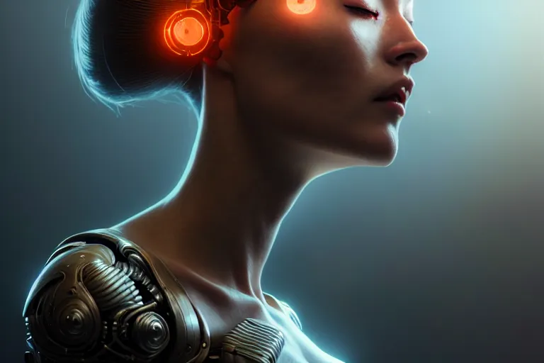 Image similar to ultra realistic, beautiful cyborg woman, eyes closed, sci-fi, fantasy, mythical, intricate, elegant, highly detailed, digital painting, octane render, substance painter, zbrush, artstation, concept art, smooth, sharp focus, eerie, illustration, 8k, HD, art by artgerm and greg rutkowski and raphael