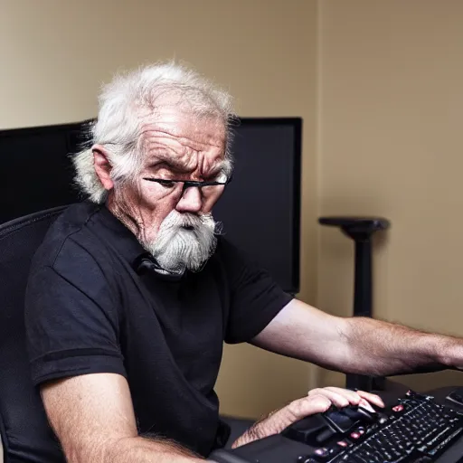 Image similar to very angry old man playing a game on a PC, razer gaming headset and chair