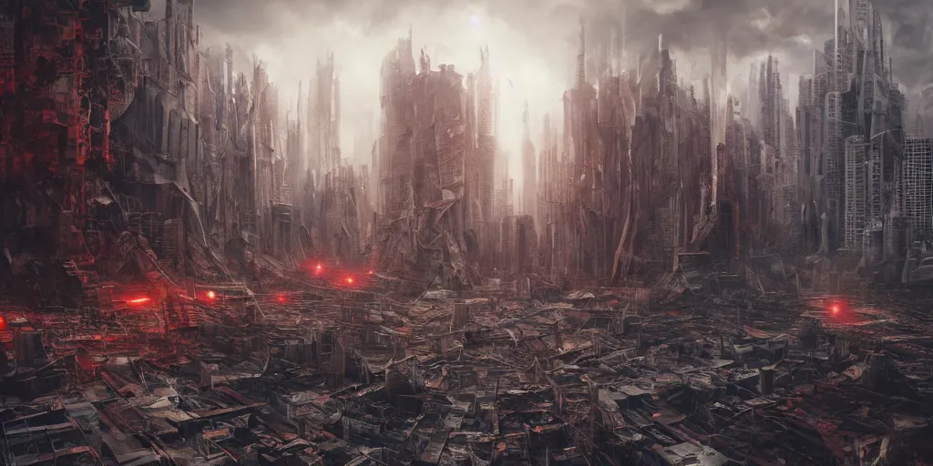 Prompt: futuristic city halfway overtaken by the red rot disease, crumbling buildings turning into flesh, unreal octane render, digital art, highly detailed, epic composition, nice contrast, 4 k, trending on artstation