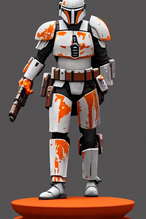 Prompt: mandalorian overwatch style statue made of white and orange marble standing, 3 d render, octane render, unreal engine, overwatch, detailed, dynamic light, beautiful, rococo, accents of red