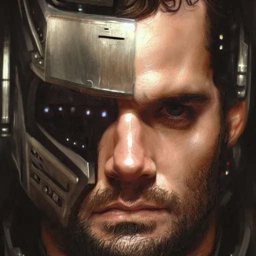 Image similar to henry cavill as a realistic scifi cyberpunk knight, closeup portrait art by donato giancola and greg rutkowski, realistic face, digital art, trending on artstation, symmetry!!!