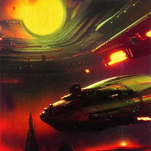 Image similar to a dark and colorful close - up of a sci - fi spaceship with led lights glowing fog in the background. highly detailed science fiction painting by norman rockwell, frank frazetta, and syd mead. rich colors, high contrast, gloomy atmosphere, dark background. trending on artstation