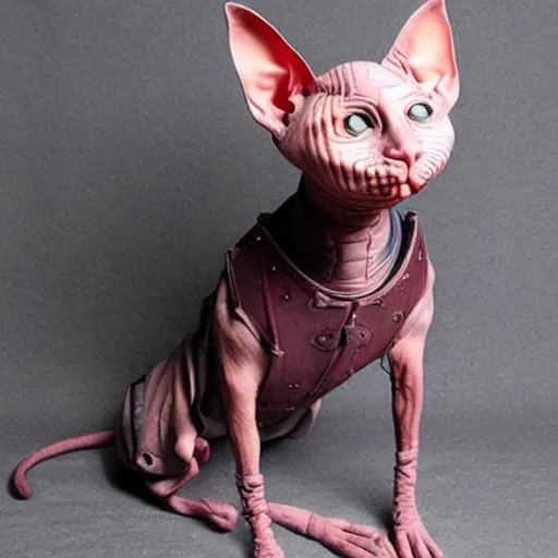 Image similar to samurai armor worn by hairless sphynx cat