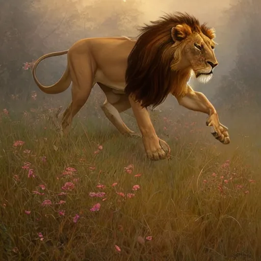 Image similar to lion chasing a deer, highly detailed, digital painting, artstation, concept art, smooth, sharp focus, illustration, art by artgerm and greg rutkowski and alphonse mucha