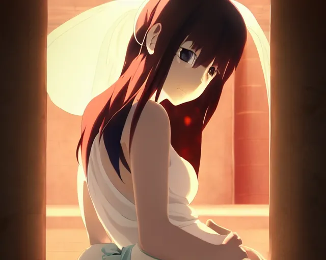 Image similar to anime visual, portrait of a young beautiful pregnant demon hunter in a temple interior, cute face by yoh yoshinari, katsura masakazu, cinematic luts, cold studio lighting, dynamic pose, dynamic perspective, strong silhouette, anime cels, ilya kuvshinov, cel shaded, crisp and sharp, rounded eyes, moody