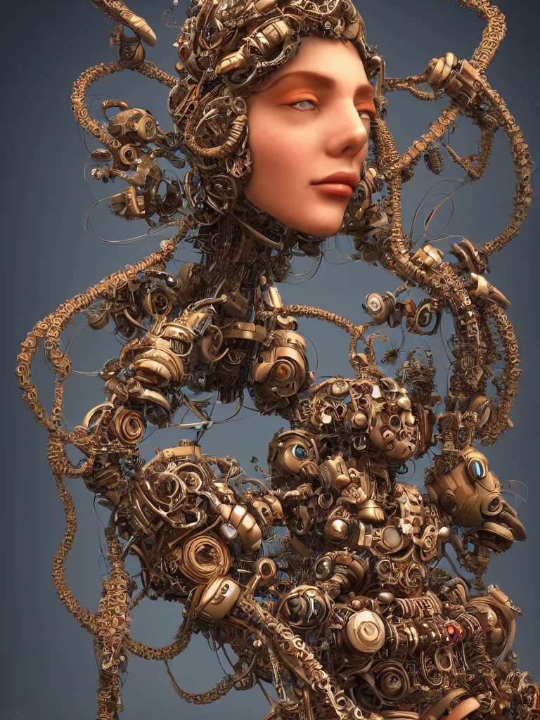 Image similar to a beautiful goddesses intertwined by intricate bio - mech tendrils made of machine and robot parts, by justin gerard and james jean, 3 d, cinema 4 d render, trending on artstation, octane render, 8 k