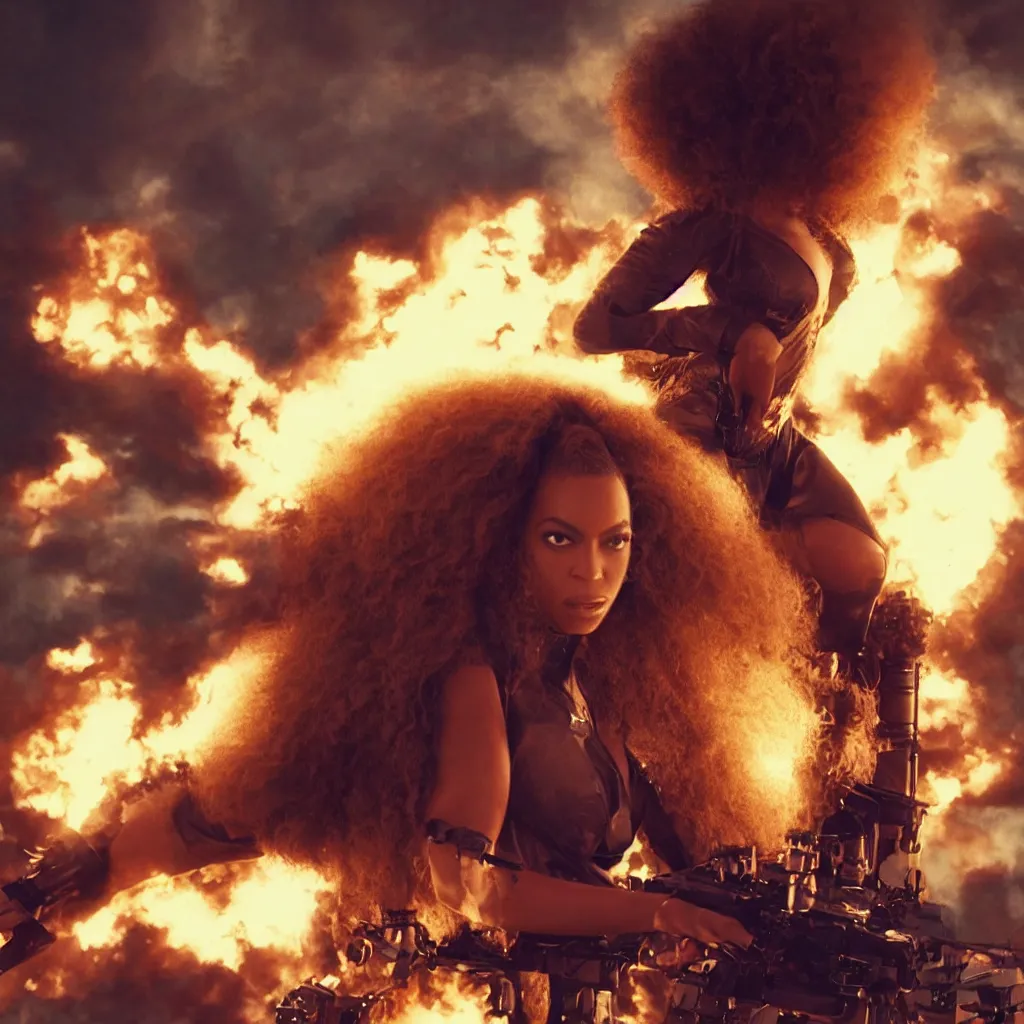 Prompt: beyonce with a afro hair style riding a hellfire missile, cinematic framing, cinematic lighting, hdr, gritty, movie still, 4k, 70s psychedelic style