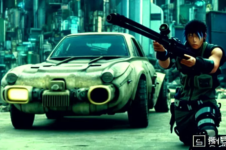 Prompt: masamune shirow movie still from ghost in the shell dieselpunk mad max alpine a 1 1 0 with guns installed makoto shinkai takashi takeuchi studio ghibli, akihiko yoshida