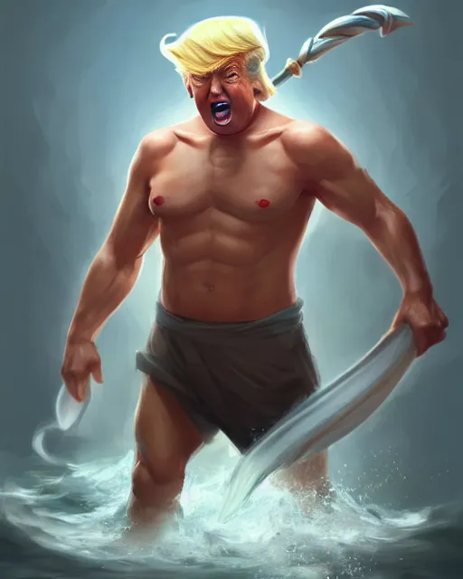 Image similar to character concept art of donald trump as poseidon in a dynamic pose | cute - fine face, pretty face, realistic shaded perfect face, fine details by stanley artgerm lau, wlop, rossdraws, james jean, andrei riabovitchev, marc simonetti, and sakimichan, tranding on artstation