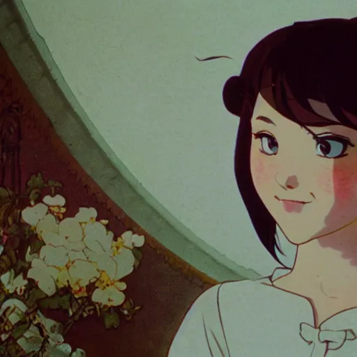 Prompt: a maid girl winking, film still, studio portrait, high quality, wlop, greg rutkowski, alphonse mucha, makoto shinkai, studio ghibli, highly detailed, 4 k