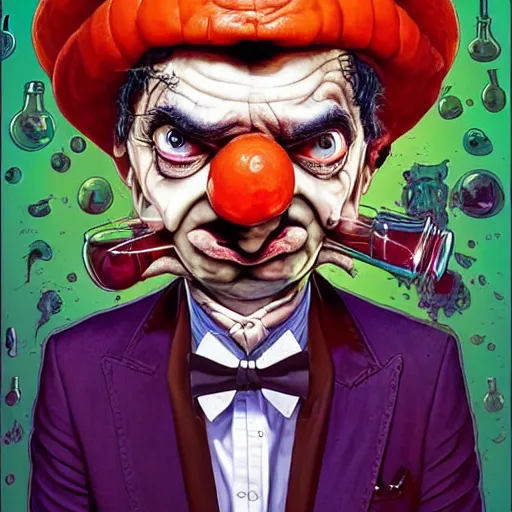 Image similar to mr. bean mad scientist psychopath, conjuring up mysterious colorful potions, portrait by gaston bussierre and charles vess and james jean and erik jones and rhads, inspired by rick and morty, epic, funny, huge scale, beautiful fine face features, intricate high details, sharp, ultradetailed