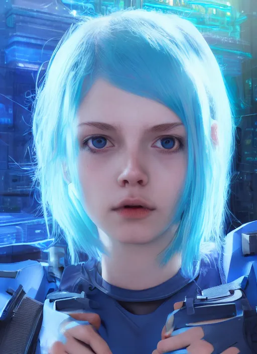 Image similar to beautiful young cyberpunk girl with blue hair, blue eyes, au naturel, holding her hands out, digital art, trending in artstation, cinematic lighting, studio quality, smooth render, fluorescent skin, unreal engine 5 rendered, octane rendered, art style by klimt and nixeu and ian sprigger and wlop and krenz cushart