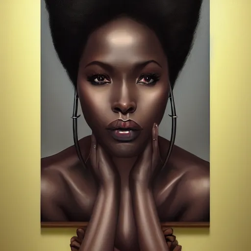 Image similar to a detailed matte oil on canvas head on symmetrical portrait of black skinned woman with long with hair, clothed by charlie bowater, lise deharme, wlop, trending on artstationhd, dungeons and dragons art critical role