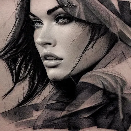 Image similar to double exposure effect tattoo design sketch of megan fox with beautiful mountain scenery, hyper - realistic, in the style of den yakovelev, amazing detail, sharp