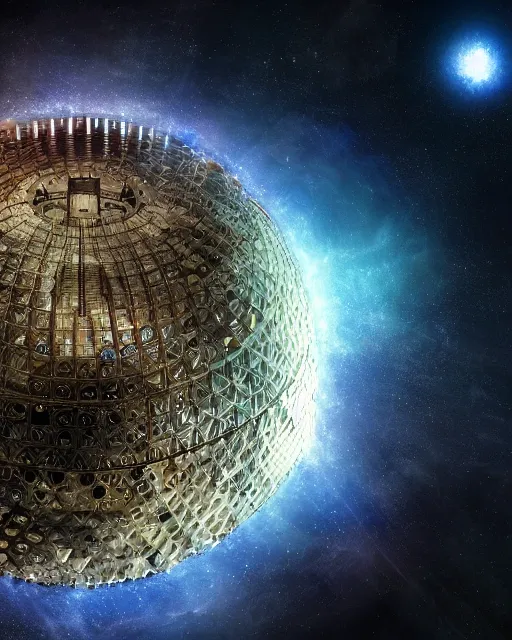 Prompt: photo of a dyson sphere, scifi, complex design, illuminated, masterpiece, massive, unknown technology, space, nebula, stars, atmosphere, hexagonal metal, visible layers, 4 k high definition, artstation, insanely detailed, art by akihiko yoshida, rob mcnaughton