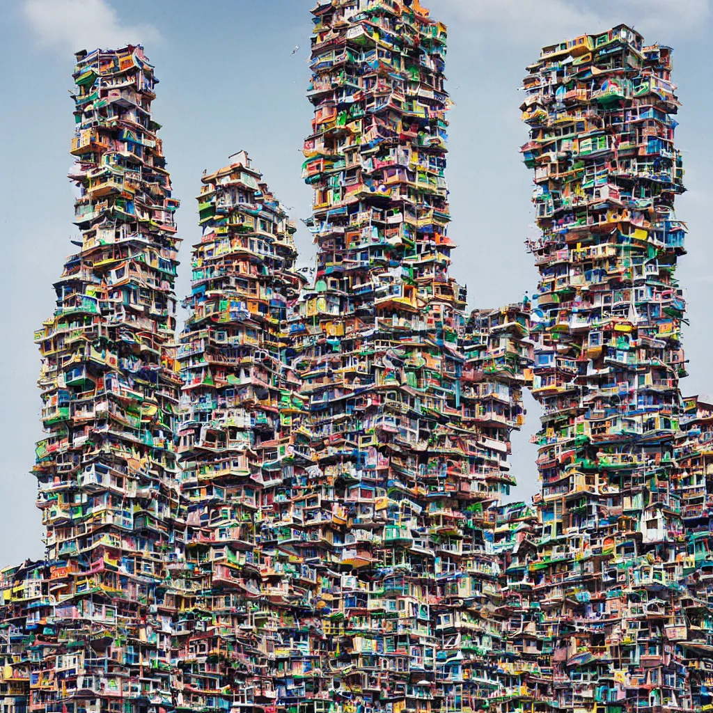 Prompt: intertwined high towers with colourful stacked makeshift squatters, uniform plain sky, mamiya, very sharp, very detailed, photographed by cristina de middel