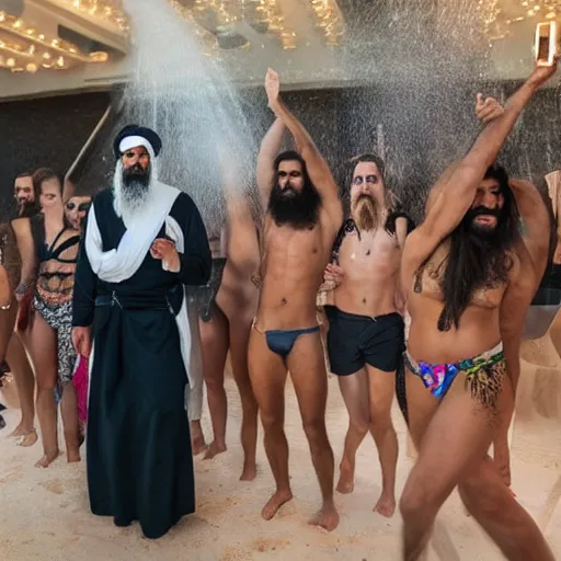 Prompt: 4 k portrait sony a 7 f 2. 8 of joe biden as a taliban leader with a beard taking a shower showering with a group of beautiful dancing instagram swimsuit model women praying to him with cocktail bar lighting