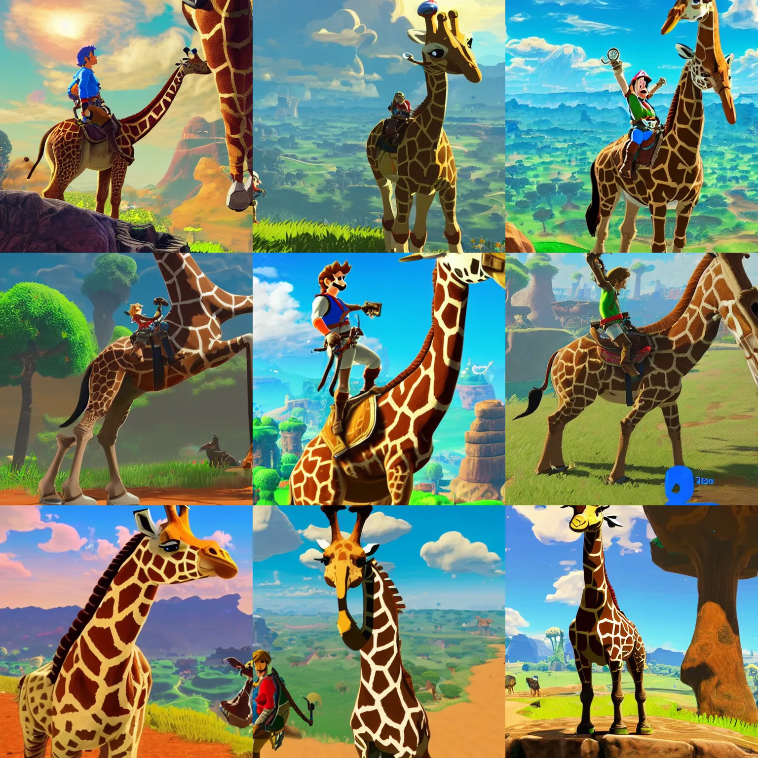 Prompt: mario riding a giraffe, breath of the wild, hd, nintendo, cell shaded, crisp, best graphics, ray traced reflections,