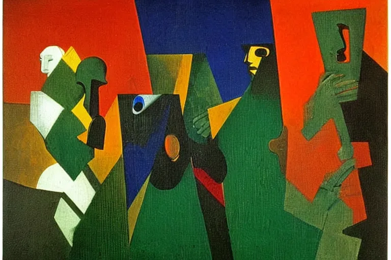 Image similar to born under a bad sign, watches, radios, good luck and trouble are my only friends, colors white!!, orange, dark green, dark blue, abstract oil painting by max ernst