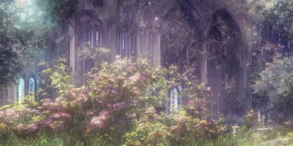 Image similar to anime kyoto animation key by greg rutkowski, violet evergarden in abandoned chapel with overgrown flowers and plants