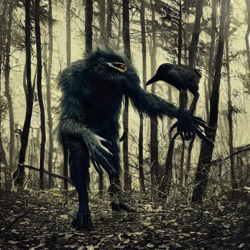 Image similar to werecreature consisting of human and crow, photograph captured in a forest