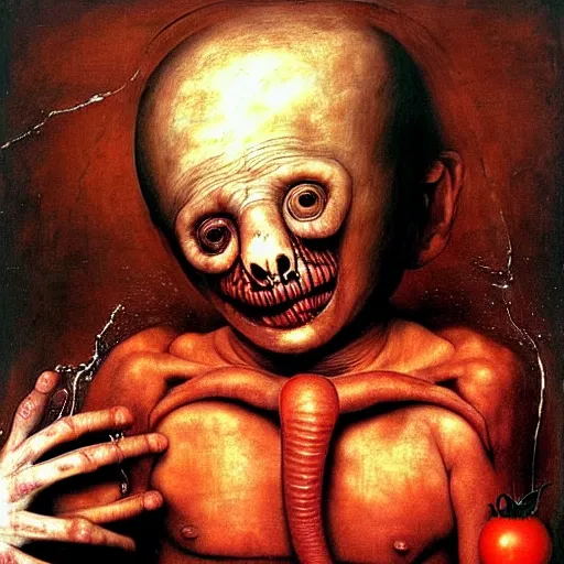 Image similar to a boy like eraserhead and elephant man sitting in a tub full of tomato sauce, looking straight into camera, screaming in pain, by giuseppe arcimboldo and ambrosius benson, renaissance, fruit, intricate and intense oil paint, a touch of beksinski and hr giger, realistic