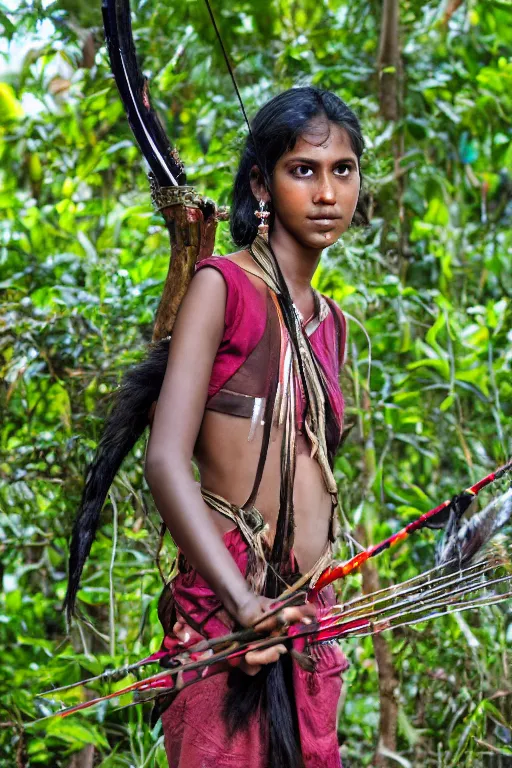 Image similar to a professional photo of a sri lankan jungle girl, black hair, hunter, with bow and arrow, extremely high fidelity, natural lighting.