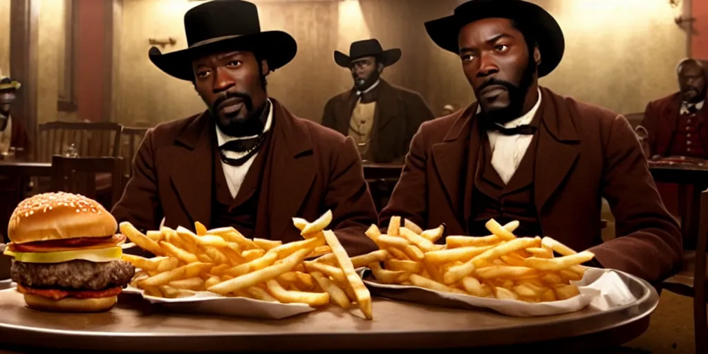 Prompt: Django unchained in Macdonald's eat cheeseburger and French fries