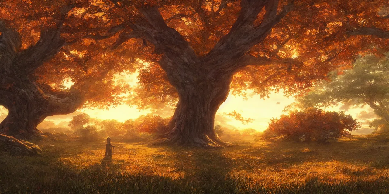 Image similar to a beautiful, stunning landscape with a giant oak tree in the fall during sunset by makoto shinkai and craig mullins