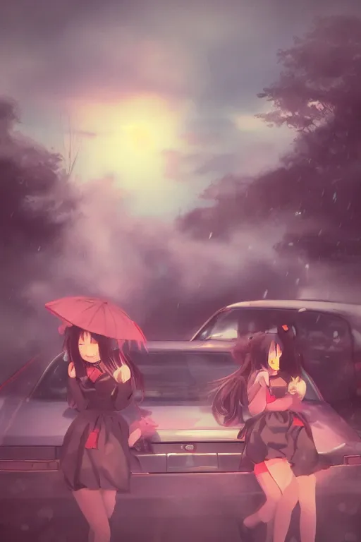 Image similar to art by D. Jun, by Mo Xiang Tong Xiu, 3d Infrared photo cute girls in Japanese maid's clothes and smoking inside a JDM car in the rain at sunrise in a parking lot, anime vintage colors, polaroid, foggy, volumetric light, cinematic render, rending on artstation, oil painting
