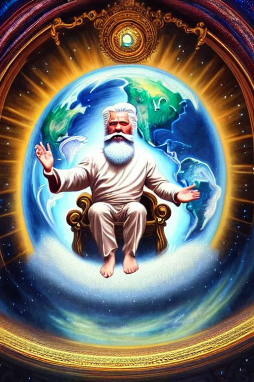 Prompt: a photorealistic detailed cinematic image of father god man with majestic white hair beard, watching over the planet earth, seated in an ornate magical throne, emotional, compelling, by pinterest, david a. hardy, kinkade, lisa frank, wpa, public works mural, socialist