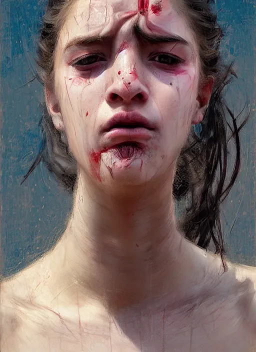 Prompt: portrait of very sad vilage girl, pain, cry, suffering, countryside, fantasy character portrait, dynamic pose, above view, view from above, sunny day, thunder clouds in the sky, artwork by Jeremy Lipkin and Giuseppe Dangelico Pino and Michael Garmash and rob rey, very coherent symmetrical artwork, perfect face, simple form, 100mm