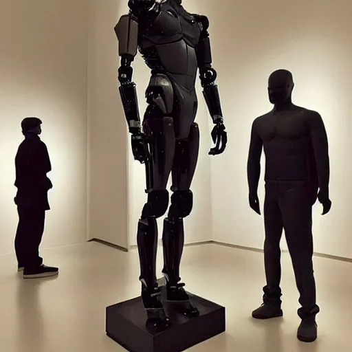 Image similar to “ a realistic detailed photo of a guy who is an attractive humanoid who is half robot and half humanoid, who is a male android, actor liam hemsworth, shiny skin, posing like a statue, blank stare, at the museum, on display ”