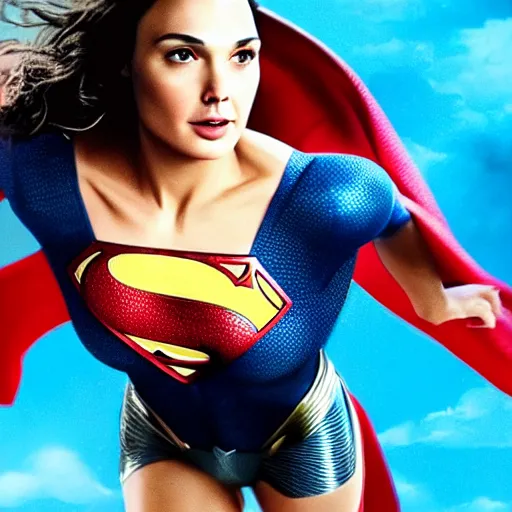 Prompt: an potrait of gal Gadot cast of movie man of steel and wearing a superman suit, photorealistic high detail, view from below, High Quality.