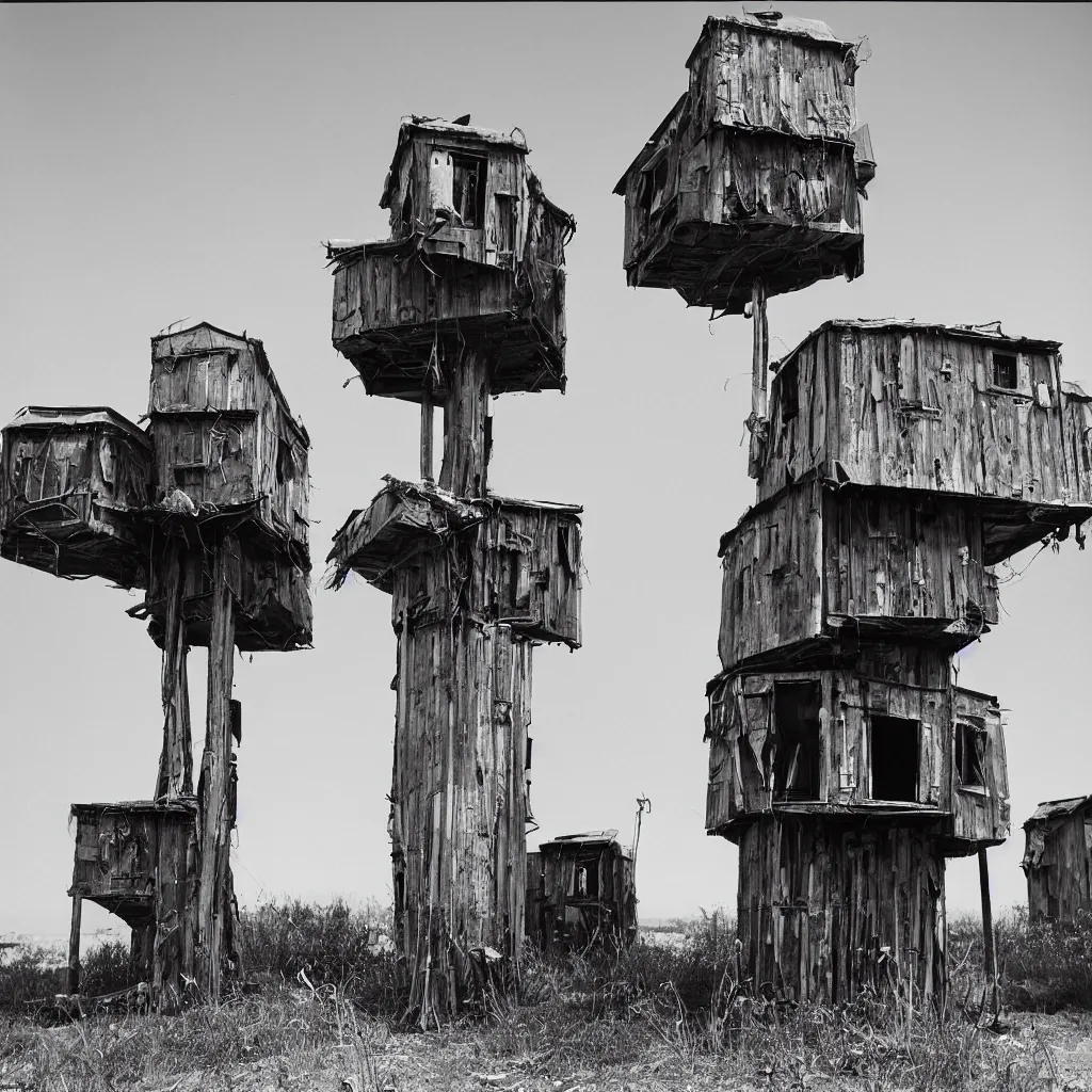 Image similar to two round towers, made up of makeshift squatter shacks, dystopia, mamiya rb 6 7, fully frontal view, very detailed, photographed by ansel adams