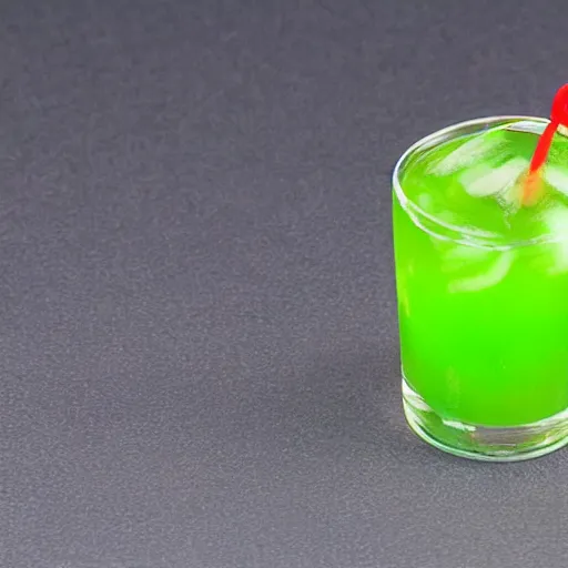 Prompt: a neon green plastic sword cocktail pick in a buttered roll