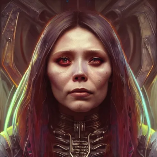 Prompt: portrait painting of a cyberpunk orc shaman extremely muscular ugly elizabeth olsen, ultra realistic, concept art, intricate details, eerie, highly detailed, photorealistic, octane render, 8 k, unreal engine. art by artgerm and greg rutkowski and charlie bowater and magali villeneuve and alphonse mucha