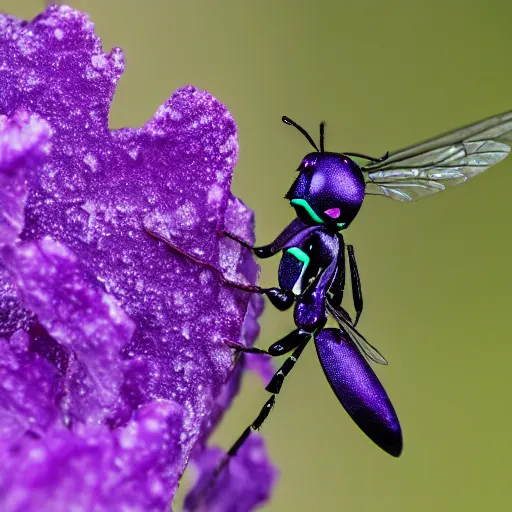 Prompt: macro photo of a purple metallic wasp, canon 8 0 d, canon 1 0 0 mm f / 2. 8, iso 2 0 0