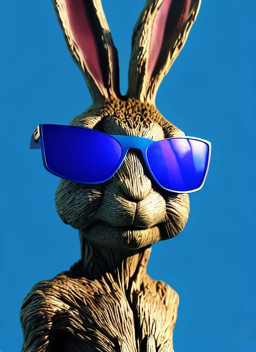 Prompt: rabbit groot as marble statue with sunglasses, blue sunglasses, in red background, soft blue texture, blue realistic 3 d render, high blue lights, 4 k, high detailed photography, 5 0 mm lens, rich blue colors, smooth gradients, depth of field, cinematic, hyper realism, high detail, octane render, unreal engine, 8 k, long blue cape