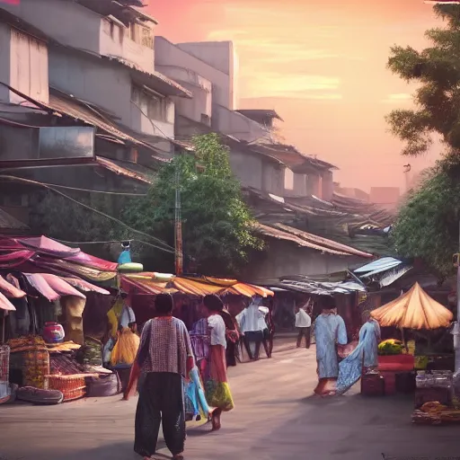 Image similar to an immaculate digital matte painting placid asian street market scene at dusk.