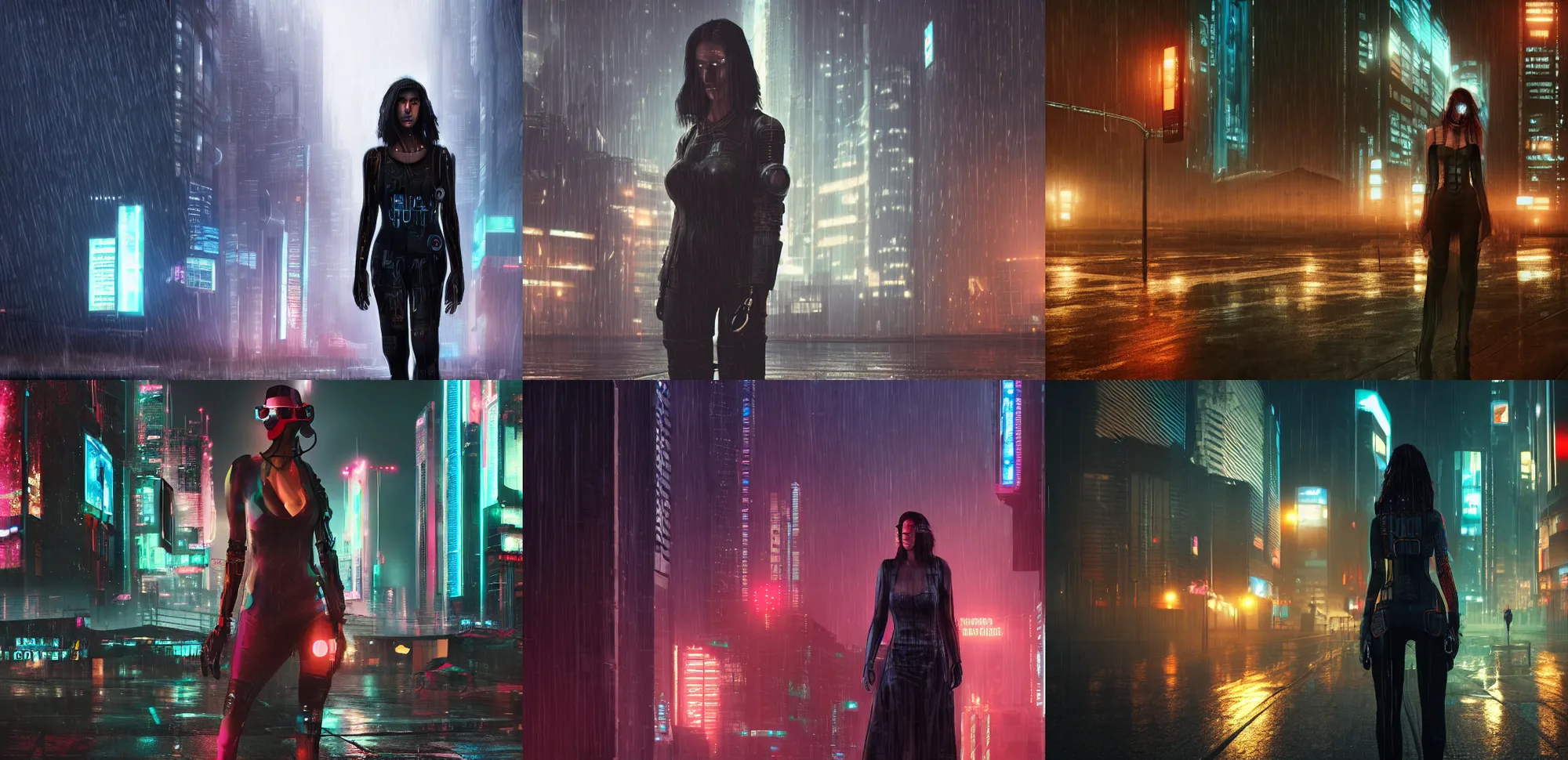 Prompt: a cyberpunk woman in dystopian city, rainy night, realistic, highly detailed digital art, 8k Octane