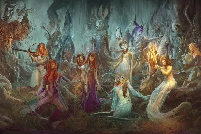 Image similar to the muses. sacred singers they who took up the strings of the deep, and turned the cacophony of an angry world into songs of unity and peace. there's a feathered bunny audience. morning lighting, cinematic fantasy painting, dungeons and dragons, jessica rossier and brian froud