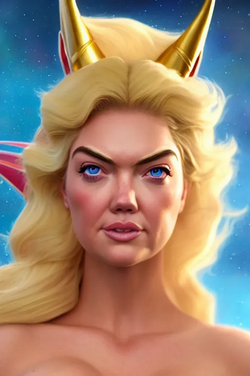 Image similar to polished sweaty she - ra : : kate upton face : : christina hendricks body : : weta disney pixar movie still photo : : hi - fructose, sci fi, fantasy, decadent highly - detailed digital painting, golden ratio, octane render, artstation, smooth, sharp focus, artgerm, mucha, loish, wlop : :