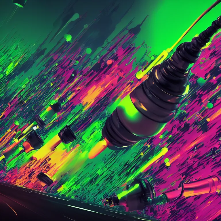 Prompt: hyperdetailed cyber fun 70's poster painting in a color style of 70's black poster art of chemical filled syringe spraying out green chemicals, epic scale ultrawide angle, 3D rendered, Vray rendered, octane render, unreal engine