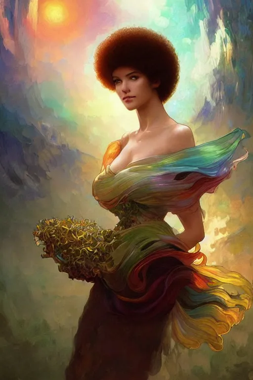 Image similar to bob ross, dreamy and ethereal,, fantasy, intricate, elegant, rainbow bubbles, highly detailed, digital painting, artstation, concept art, smooth, sharp focus, illustration, art by artgerm and greg rutkowski and alphonse mucha