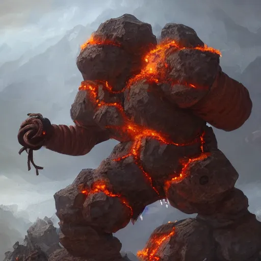 Image similar to The fire elemental stone golem made of large boulders, d&d art, fantasy, painted, 4k, high detail, sharp focus, artstation