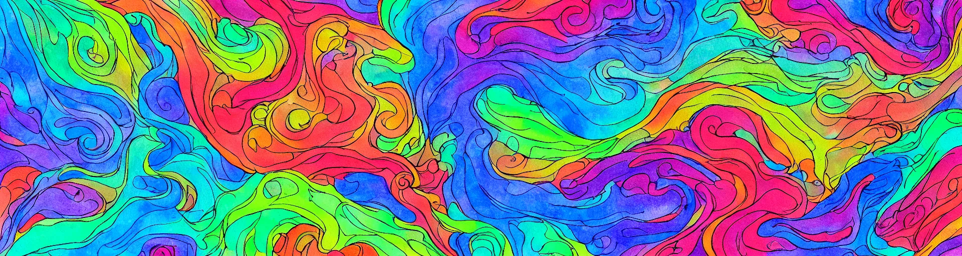 Image similar to Hissing wisps of colorful smoke escape from the strange machine in the sprawling workshop. Black ink line drawing over a watercolor. Cosmic colors. 4K.