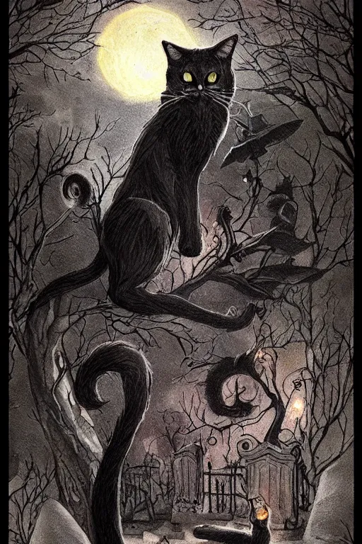 Image similar to black cat in graveyard at midnight halloween tattoo on shoulder by anton pieck, intricate, extremely detailed, digital painting, artstation concept art