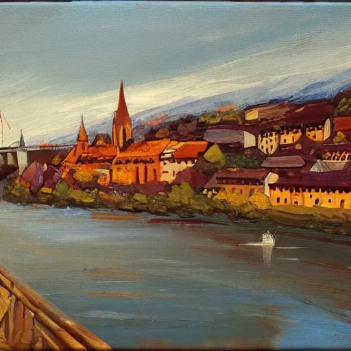 Image similar to very abstract painting of the rhine in basel, very rough brush strokes and splatters, oil on canvas, muted colors, great composition