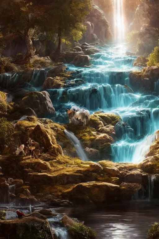 Image similar to creation of the world and heaven with a river of the water of life, clear as crystal, flowing from the throne of god and of the lamb by daniel f. gerhartz and matt stewart, fantasy, photorealistic, octane render, unreal engine, dynamic lighting